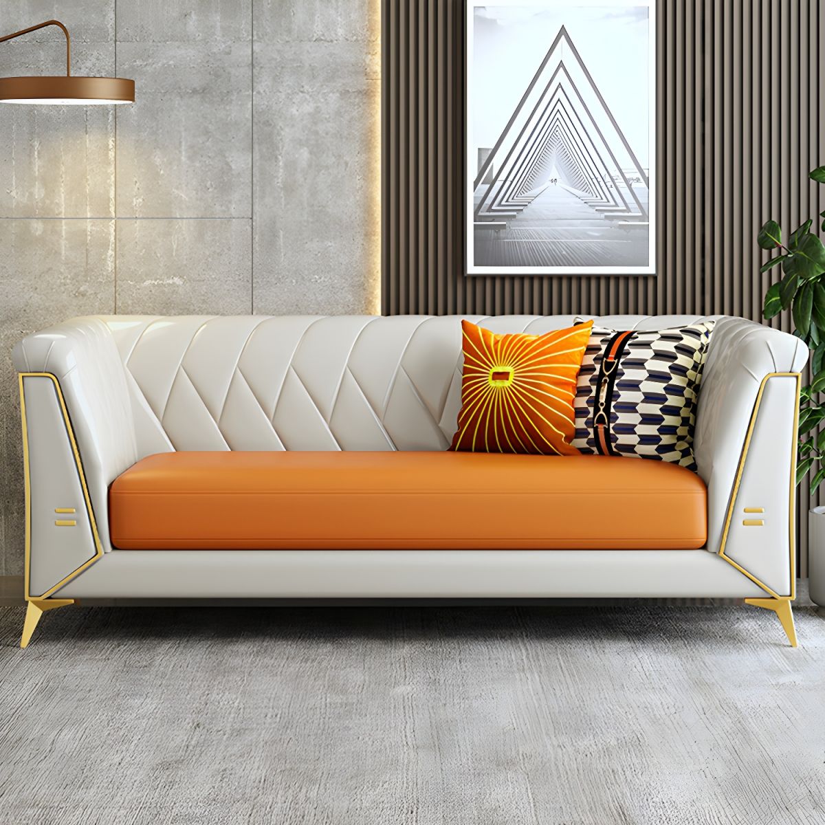 Glam Faux Leather Standard Sofa with Tuxedo Arms in Solid Color