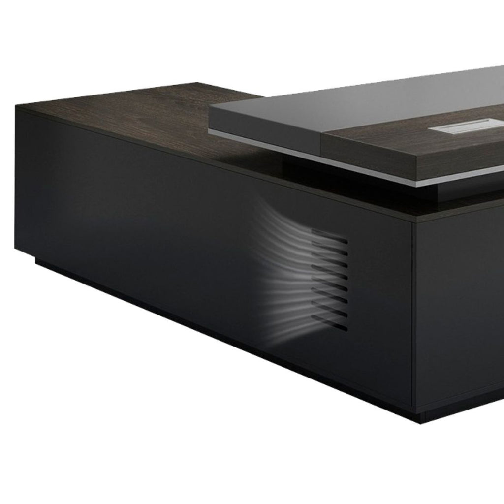Watertight Office Desk with 2 Drawers, Stump Base, Exterior Shelf, Cable Management, Dark Gray Top, Front Splash, and Cooling Hole
