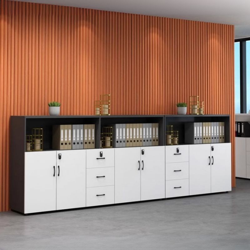 Warp-proof Midnight Black/Natural 2-Wide/3-Wide/5-Wide or more Timber Office Storage Credenza with Shelf Unit and Locking Door, Drawers Included/Not Included