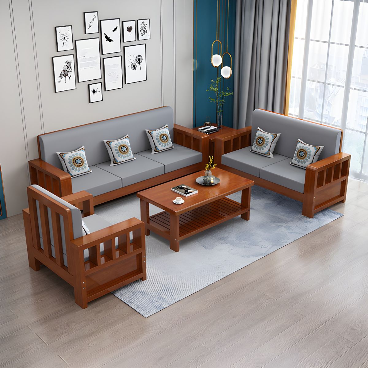 Modern Farmhouse Sofa in Solid Wood with Square Arms for Living Room