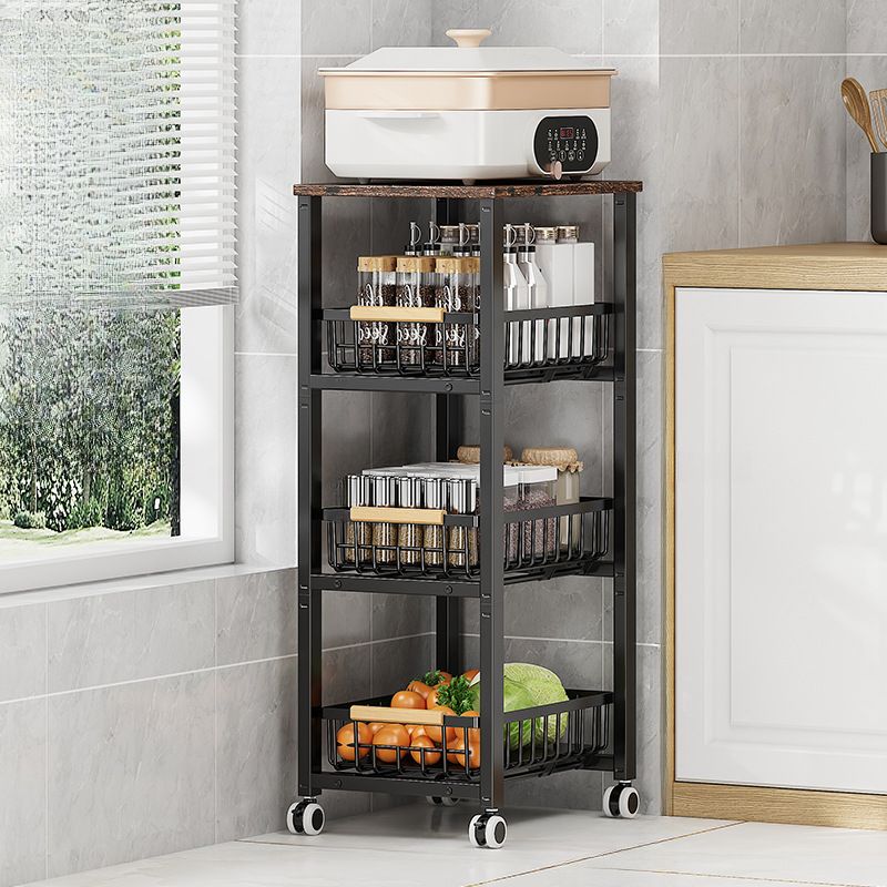 Portable Center with Wheels, Exterior Shelving, Manufactured Wood Countertop, Open Storage, Basket, and Brown Top