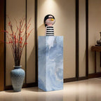 Light Blue Square Marble Pattern Stone Display Table, 30 to 39 in/20 to 29 in Height, Unfinished, Up to 19 in Size