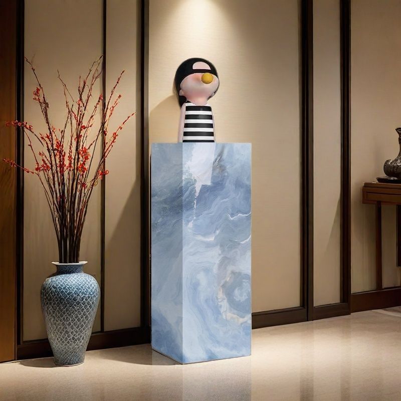 Light Blue Square Marble Pattern Stone Display Table, 30 to 39 in/20 to 29 in Height, Unfinished, Up to 19 in Size