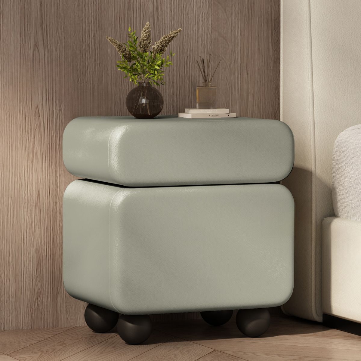 Modish Nightstand With Drawer Organization Featuring 1 Drawer, 1 Cabinet, Right Orientation, and Lumber Countertop