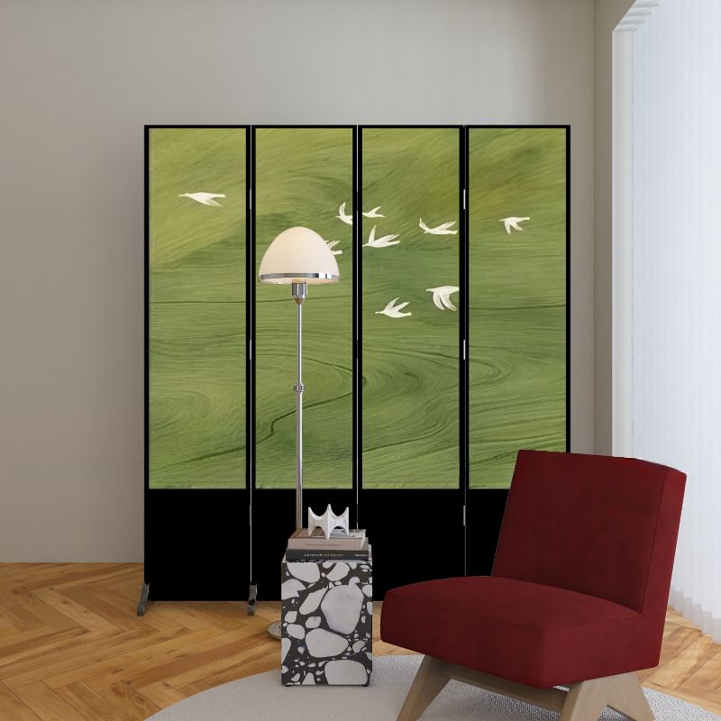 Screen Divider in Lime Green with Opaque Light Filtration, Fold-up Design, Natural Wood Frame, Available in 3/5/4 Panels, Double Sided Print, Independent