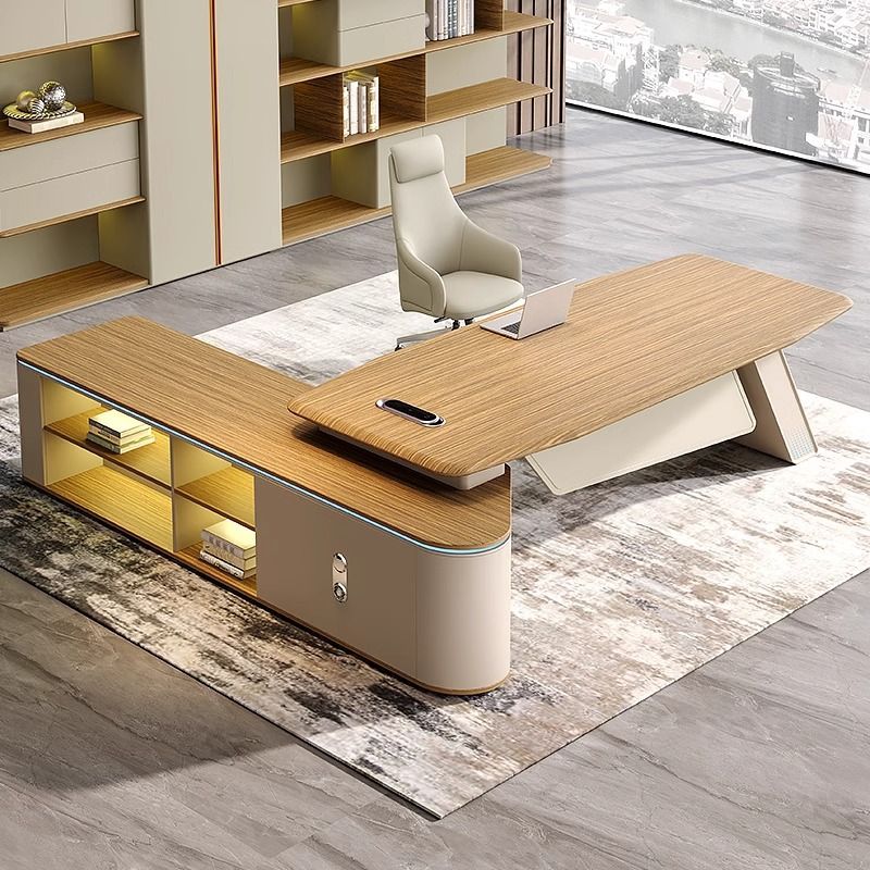 Dust Resistant Desk with 2 Drawers, Cabinet, Stump Base, Exterior Shelf, Cable Management, Wood Color Top, and Cooling Hole
