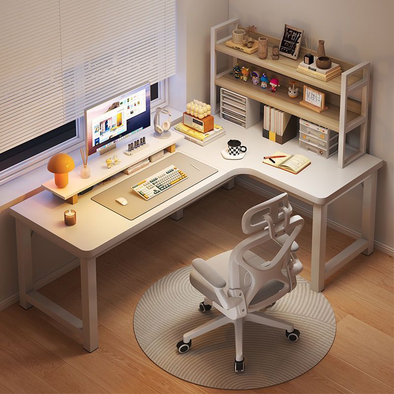Steel H-Shape Frame L-Shape Warp Resistant White Office Computer Desk with Cable Management and Rounded Corners, Cable Management Included