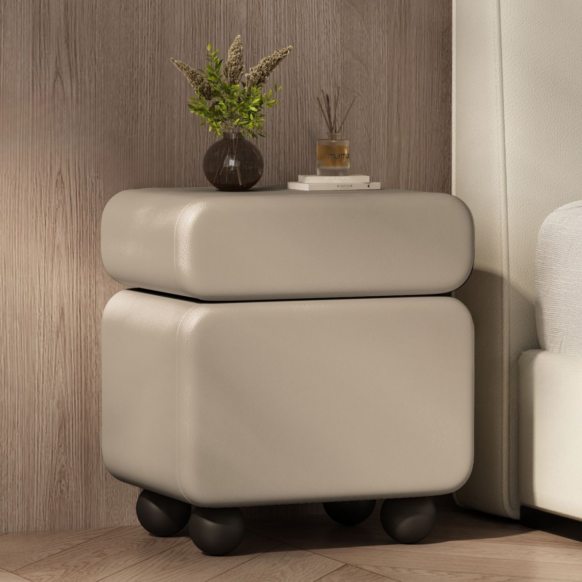 Modish Nightstand With Drawer Organization Featuring 1 Drawer, 1 Cabinet, Right Orientation, and Lumber Countertop