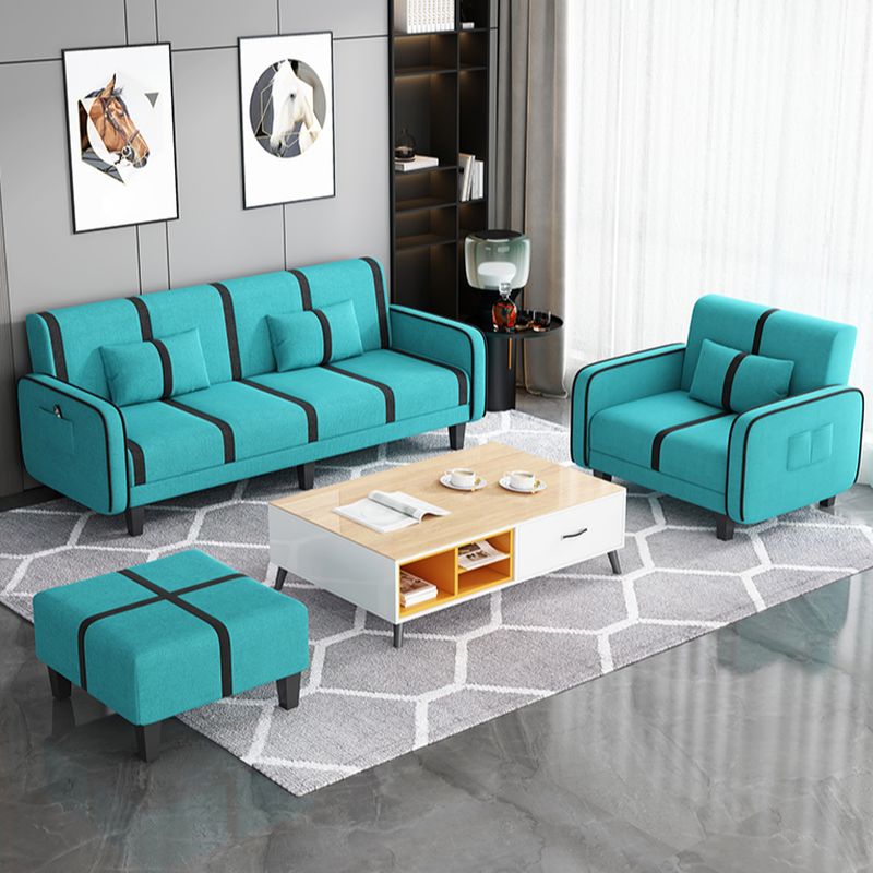 Trendy Solid Color Stain Resistant Standard Sofa/Loveseat in Dark Gray/Cerulean/Light Brown with Arm, Seats 3/2 People, and 2 Pillows
