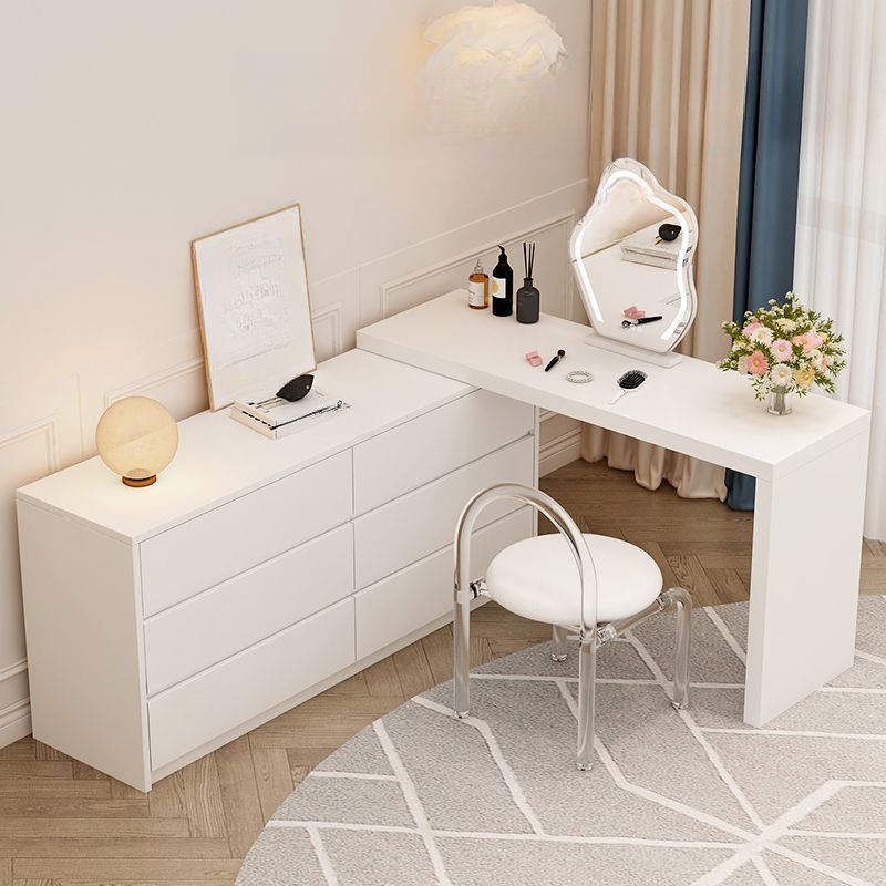 Modish Large Vanity Set with Reclaimed Wood Table Top, White Chair, and 6 Drawers