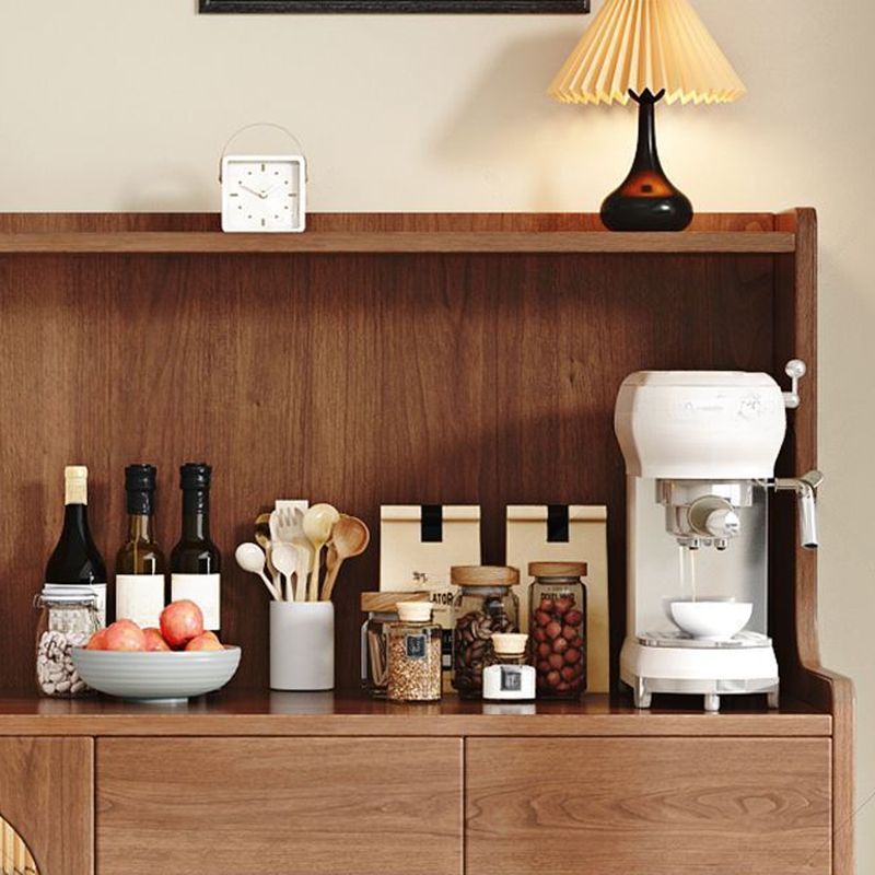 Espresso Art Deco Sideboard with Closet, 3 Shelves, Pantry Hutch, Lumber Countertop, and Glass Doors