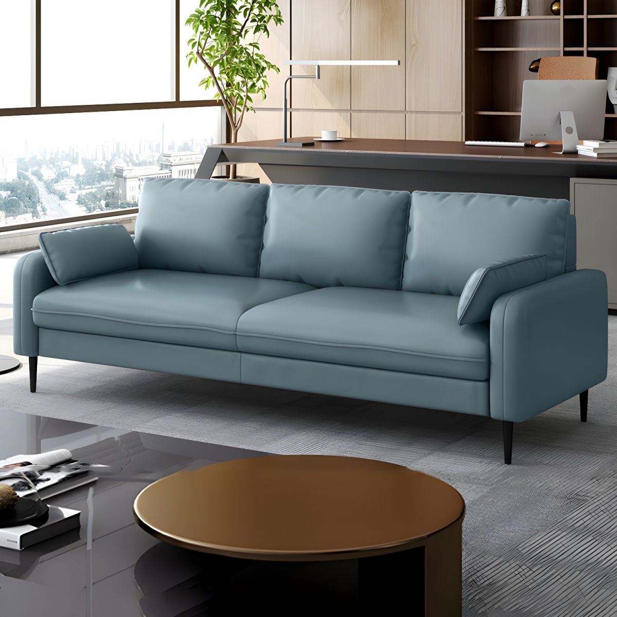 3-Seater Faux Leather Sofa Mid Century Loose Back Square Arm Settee