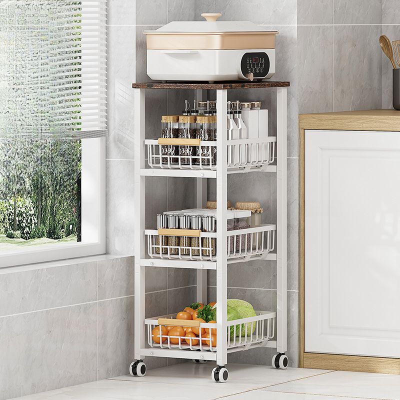 Portable Center with Wheels, Exterior Shelving, Manufactured Wood Countertop, Open Storage, Basket, and Brown Top