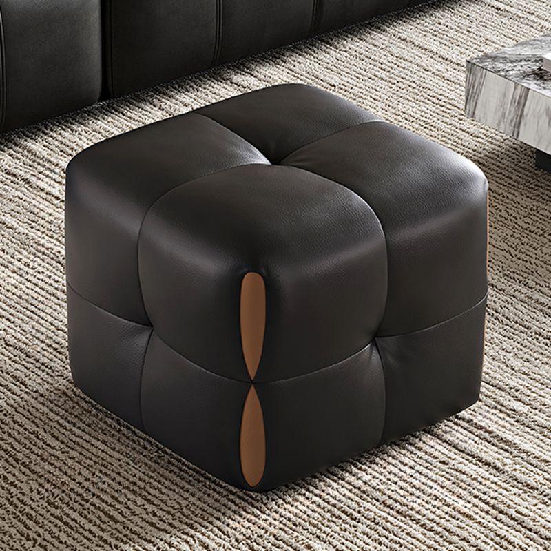 Modish Rectangle/Square Solid Color Standard Ottoman in Genuine Leather with Grey/Chalk/Caramel Upholstery and Button-tufted Finish