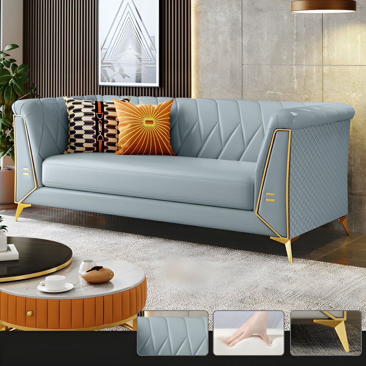 Glam Faux Leather Standard Sofa with Tuxedo Arms in Solid Color