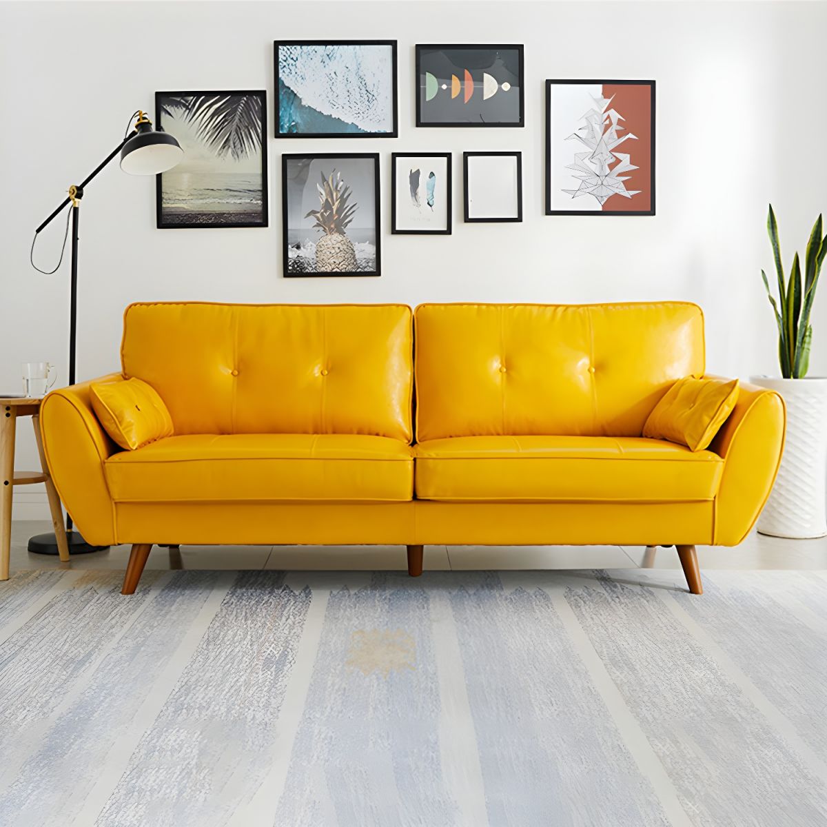 Modern Leather Sofa Flared Arm Button-tufted Loose Back Sofa for Living Room Bedroom