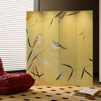Lemon Color Opaque Fold-up Screen Divider with Natural Wood Frame, 4 Panels, Double Sided Print, and Independent Design