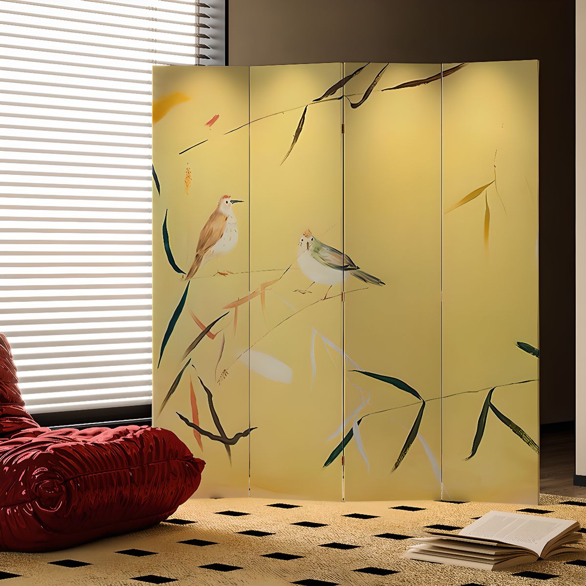 Lemon Color Opaque Fold-up Screen Divider with Natural Wood Frame, 4 Panels, Double Sided Print, and Independent Design