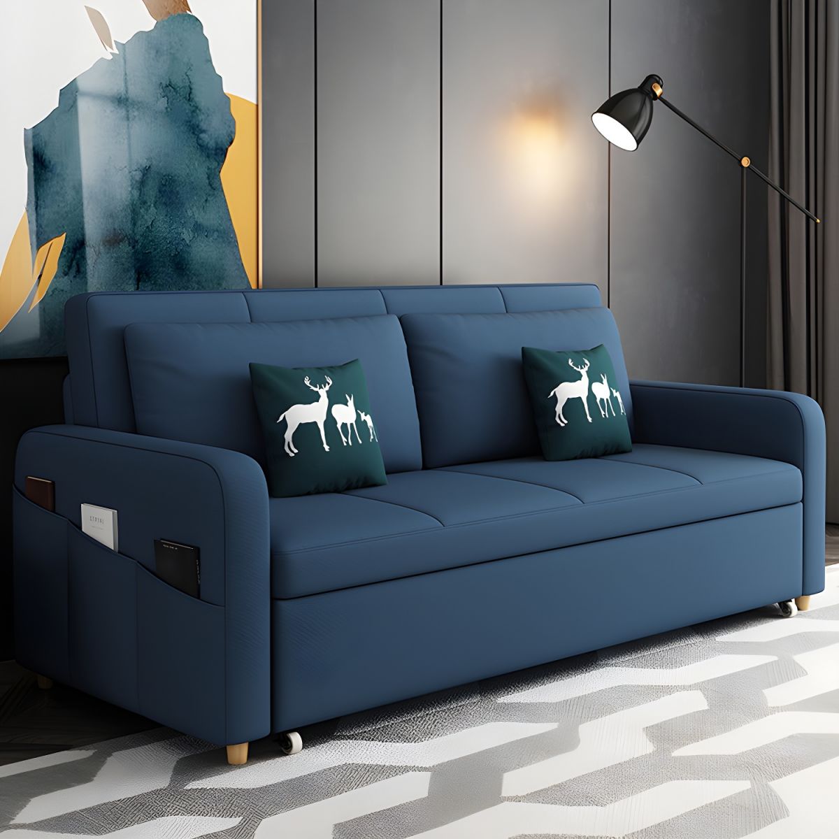 Contemporary Cotton Blend Sleeper Square Arm Sofa Bed in Blue