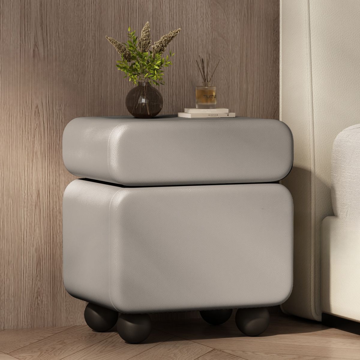 Modish Nightstand With Drawer Organization Featuring 1 Drawer, 1 Cabinet, Right Orientation, and Lumber Countertop