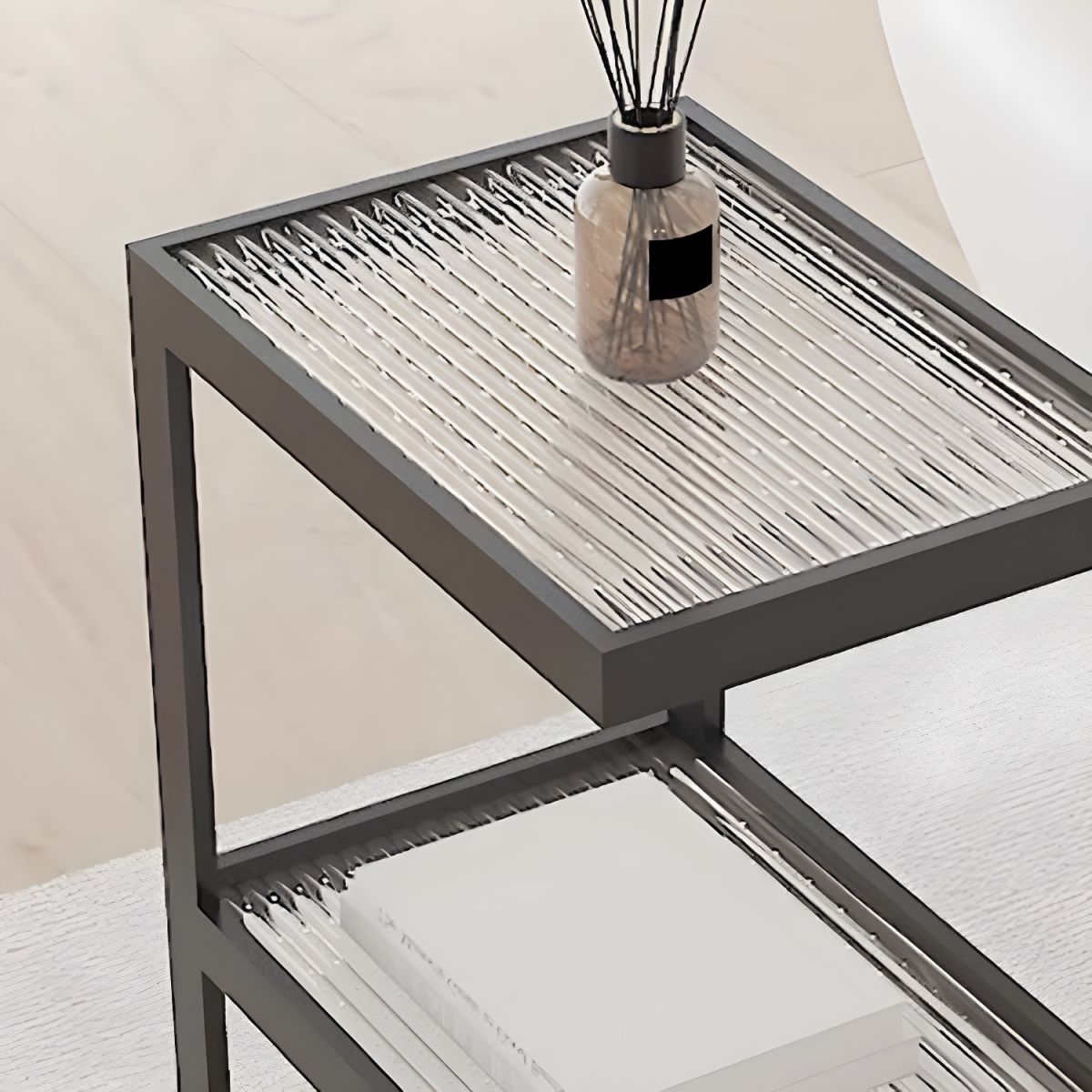 Minimalist Glass Nightstand with Steel Frame - Sleek Open Storage for Bedroom Essentials