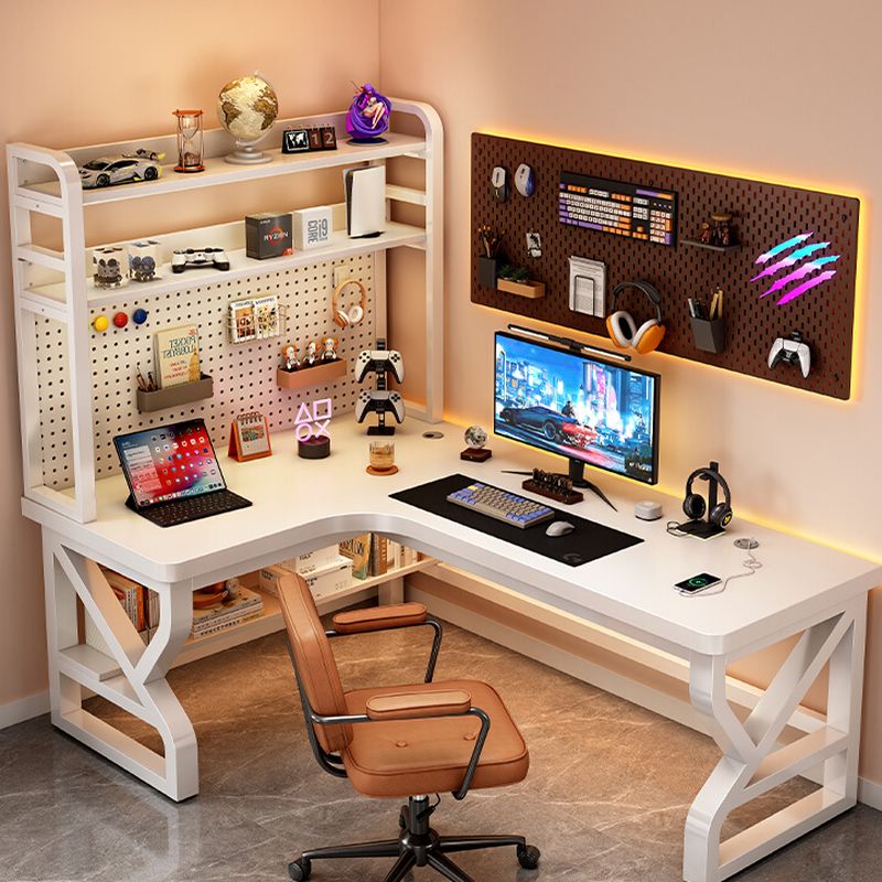 L-Shape Steel Desk with Warp Resistant Features and Shelves Included, Twin Support Base, Cable Management, and Rounded Corners