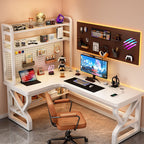 L-Shape Steel Desk with Warp Resistant Features and Shelves Included, Twin Support Base, Cable Management, and Rounded Corners
