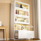 Vertical White Steel Rack Storage with 4 Shelves/2-Shelf/3-Shelf, 1-Drawer, Transparent Glass Door and Closed Back