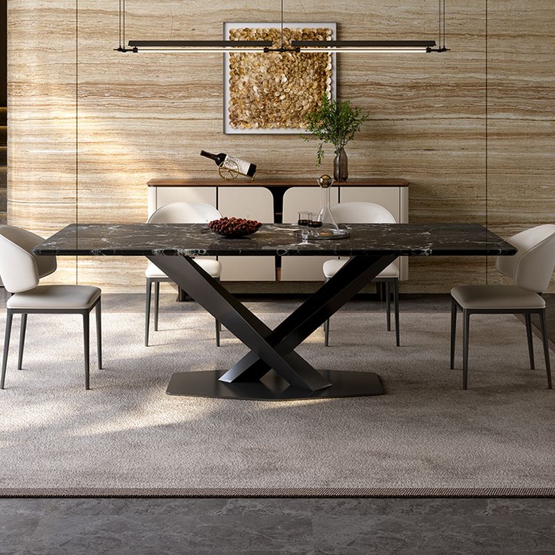 Trendy Marble Top Dining Table with Steel Cross Legs, Fixed Table in Ink, Scratch-immune, 4-person Seating/Seating for 6