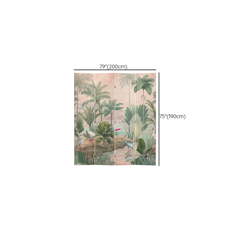 Green Opaque Fold-up Screen Divider with Natural Wood Frame, Double Sided Print, Independent