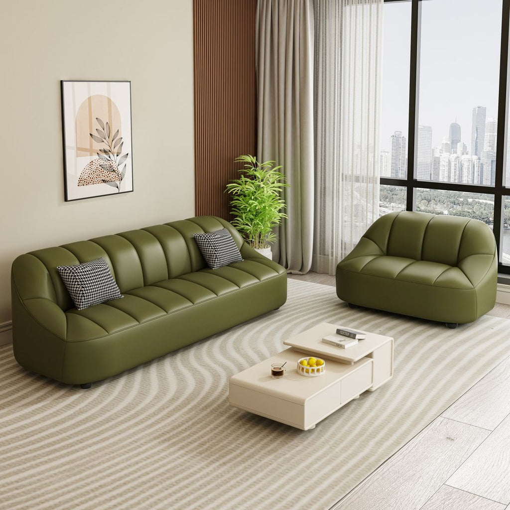 Loveseat/Single Sofa in Midnight Black/Amber Color/Off-White Pu Leather with 1 Pillow