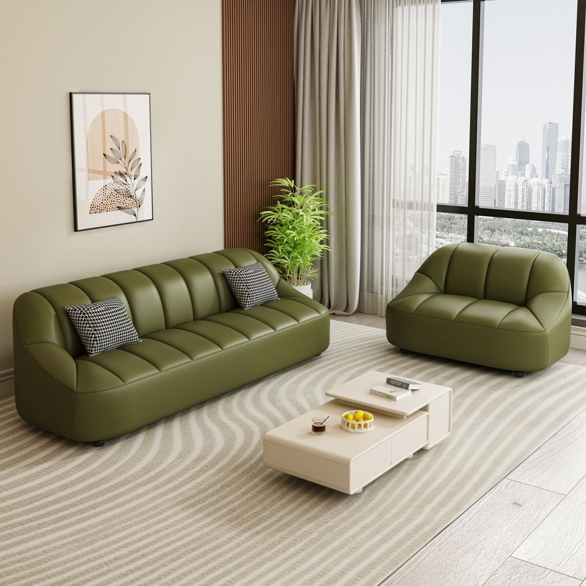 Loveseat/Single Sofa in Midnight Black/Amber Color/Off-White Pu Leather with 1 Pillow