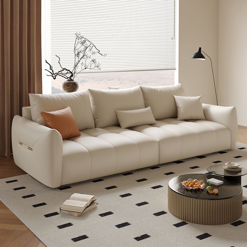 Modish Solid Color Scratch-durable Standard Sofa in Midnight Black/Mocha/Off-White, Seats 3 with 3 Pillows