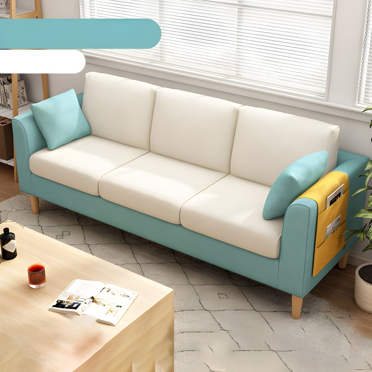 Scandinavian 3 Seater Sofa with Pillows Back and Tuxedo Arm and Solid Wood Legs