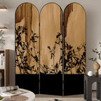 Minimalist Opaque Fold-up Screen Divider with Natural Wood Frame and 3 Panels, Double Sided Print, Independent