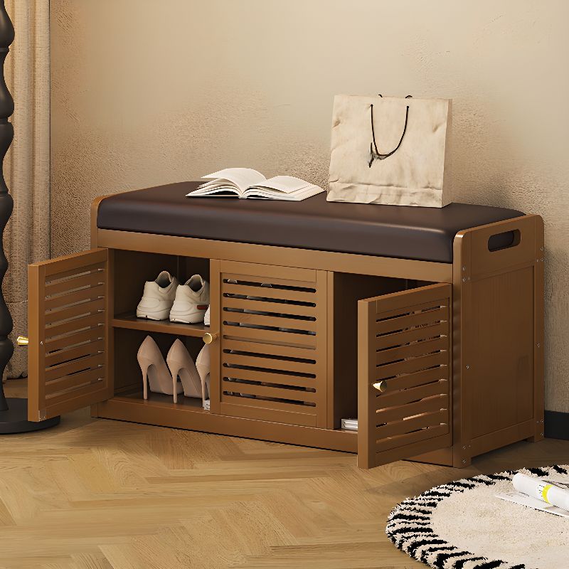 Modish Rectangle Solid Color Storage Ottoman in Cocoa with Container Storage and Bamboo Frame