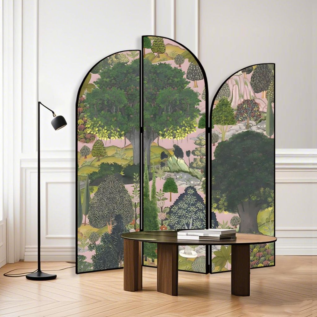 Art Deco Opaque Compact Room Divider with Lumber Frame, 3 Panels, Double Sided Print, Freestanding