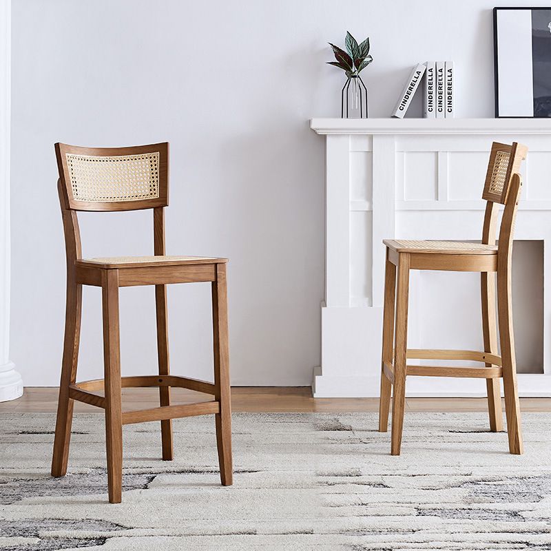 Casual Cane Bar Stools in Midnight Black/Caramel/Natural Color with Back, Quadrilateral Seat, and Leg Rest