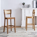 Casual Cane Bar Stools in Midnight Black/Caramel/Natural Color with Back, Quadrilateral Seat, and Leg Rest