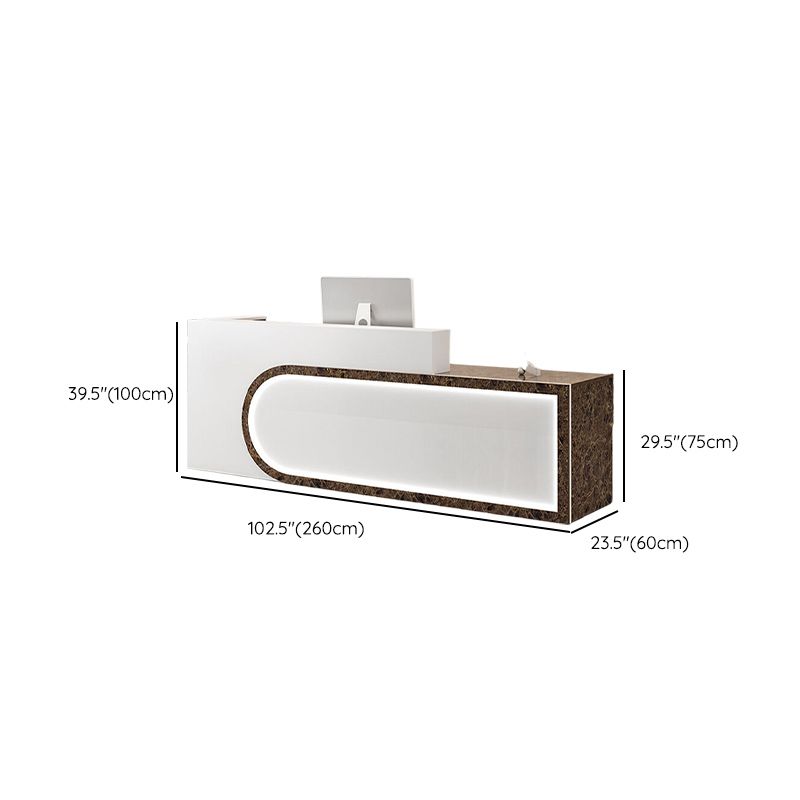 Rectangular Beige/Orange/Pink Manufactured Wood Top Reception Desk with Hutch, Keyboard Tray and Cable Management