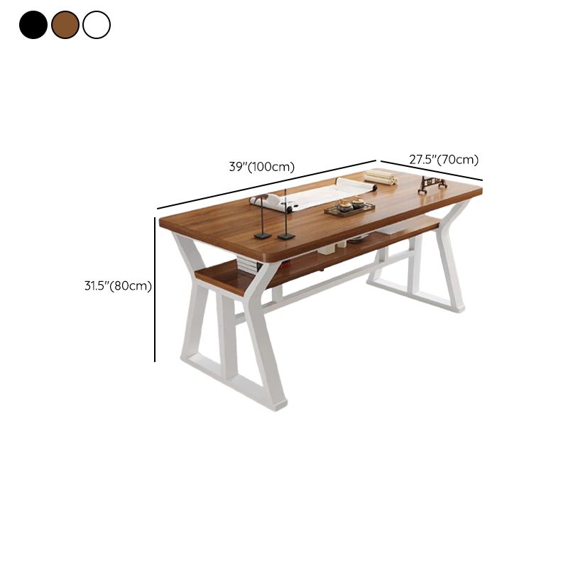 Casual Writing Desk with Storage, Scratch-proof Trestle Base, Exterior Shelf, and Ink/Dove Grey/Chalk Lumber Top