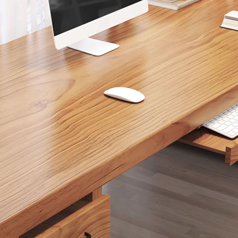Contemporary Stain Resistant Natural Finish Office Computer Desk with Wood Double Pedestal/Pedestal Base/Sled Base, Drawers Included & With Keyboard Tray