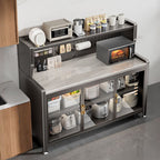 Minimalist Narrow Sideboard with Kitchen Cupboards, Sintered Stone Countertop, Glass Doors, and Adjustable Shelving