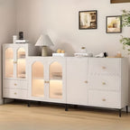 Antique White Self-supporting Microwave Shelf Cabinet with 3 Drawers, Standard Size, 2 Shelves, Engineered Wood Countertop, and Glass Doors