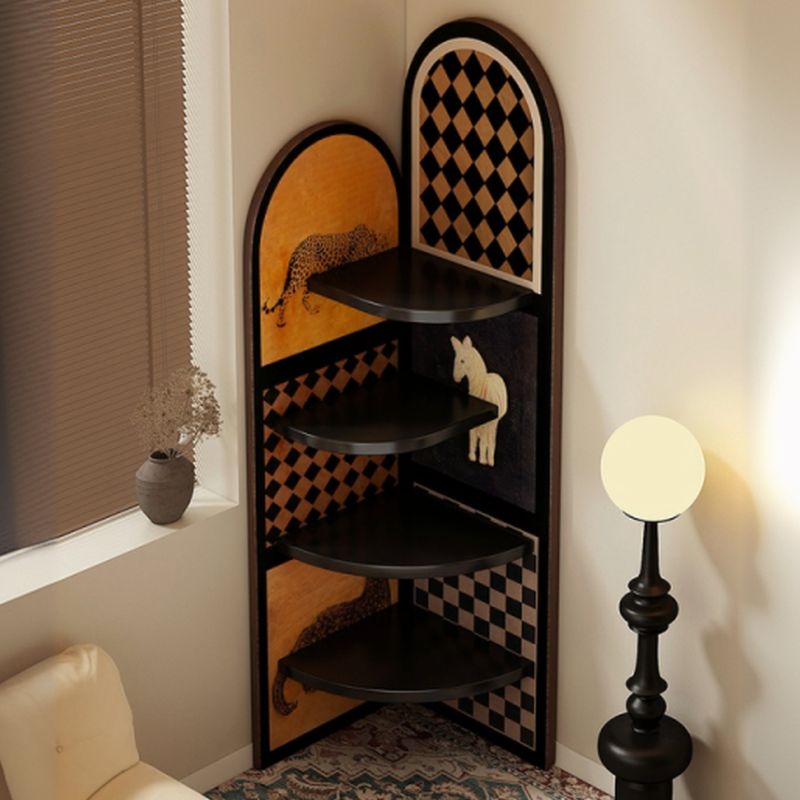 Modern Simple Style Nook Decorative Cabinet with 4 Exterior Shelves, Matte Black Natural Wood Top