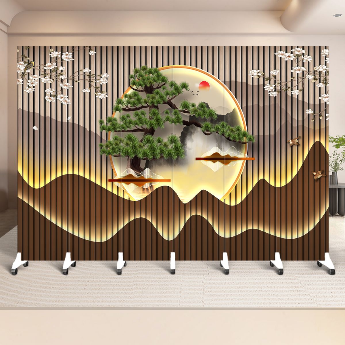 Indoor Opaque Collapsible Temporary Wall with Wheels, Natural Wood Frame, 6 Panels, and Double Sided Print