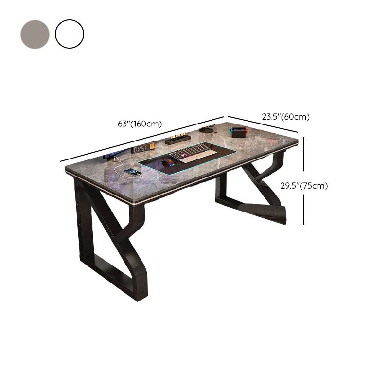 Grey/Chalk Minimalist Gaming Computer Desk with Rust Resistant Trestle Base, Exterior Shelf, Wire Management, and Stone Top