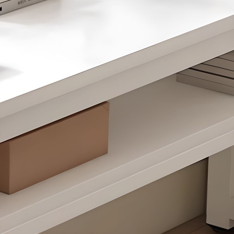 Casual Writing Desk with Storage and Crack Resistant H-Shape Base, Featuring Exterior Shelf in Chalk Engineered Wood