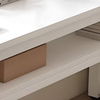 Casual Writing Desk with Storage and Crack Resistant H-Shape Base, Featuring Exterior Shelf in Chalk Engineered Wood