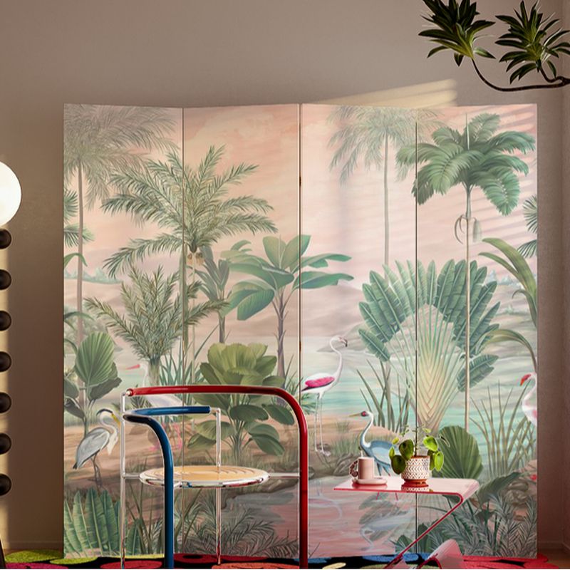Green Opaque Fold-up Screen Divider with Natural Wood Frame, Double Sided Print, Independent